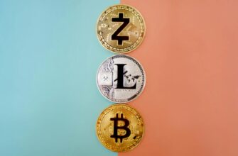 Colorful display of Zcash, Litecoin, and Bitcoin coins on gradient background.