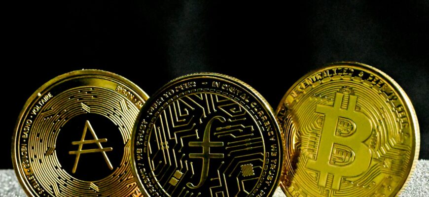 three gold bitcoins sitting next to each other