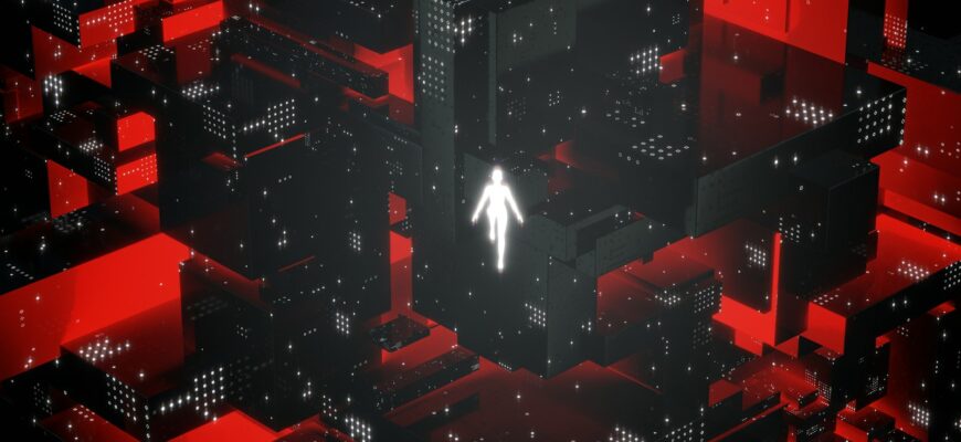 a person walking through a maze of red and black cubes
