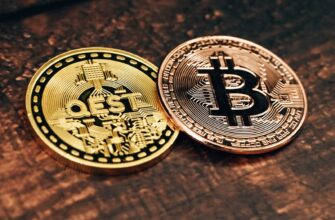 two gold and silver bitcoins sitting on a table